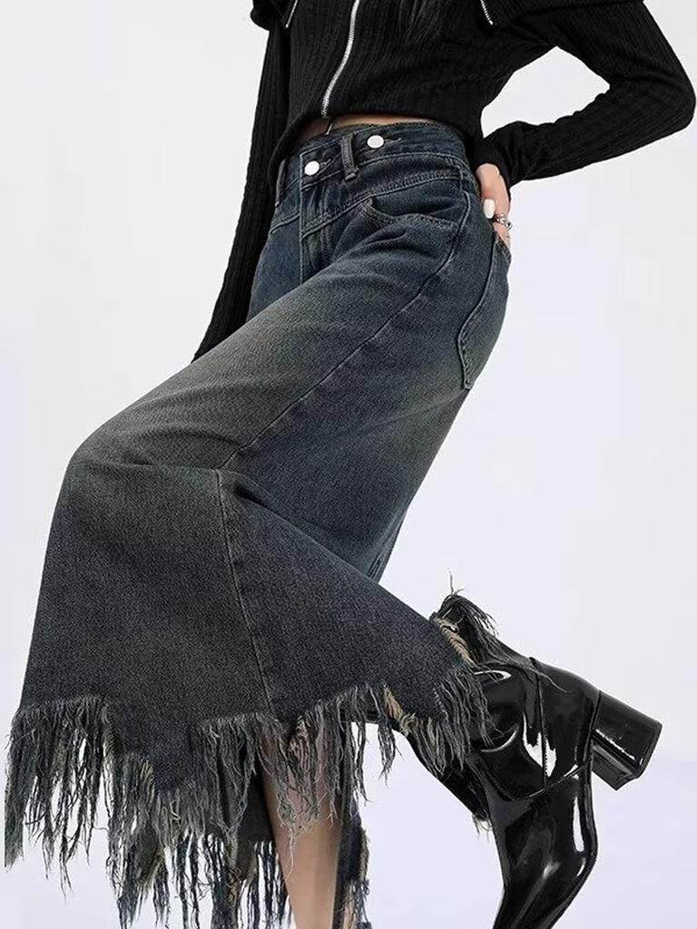 Retro dżinsowa spódnica A-line dla kobiet modna spódnica midi z wysokim stanem z frędzlami odzież w stylu koreańskim wiosna jesień
