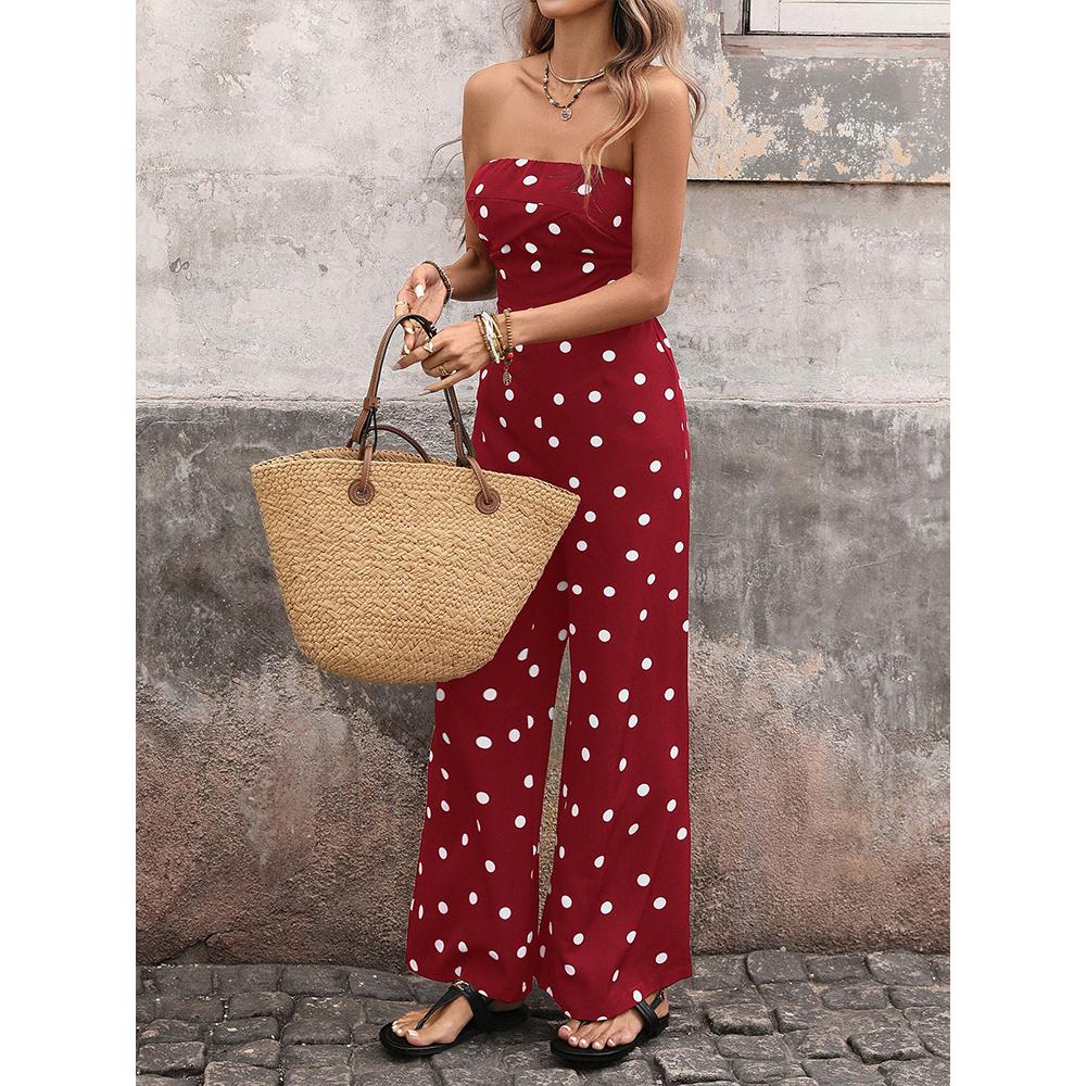 Womens Sexy Jumpsuits Polka Dot Tube Top Wide Leg Pants Vacation Jumpsuits Going Out