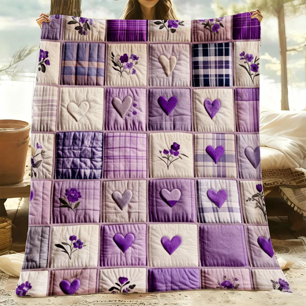 Dekorative Decke mit lila Herz-, Blumen- und Karomuster für Sofa, Bett, Wohnzimmer und Heimdekoration