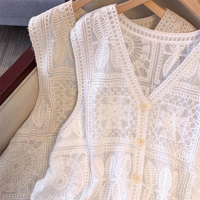 Vest Skeleton Women Cotton Undershirt Oversize Sleeveless Shawl Vintage Loose Lace Casual V-Neck Suspenders Vest Shawl