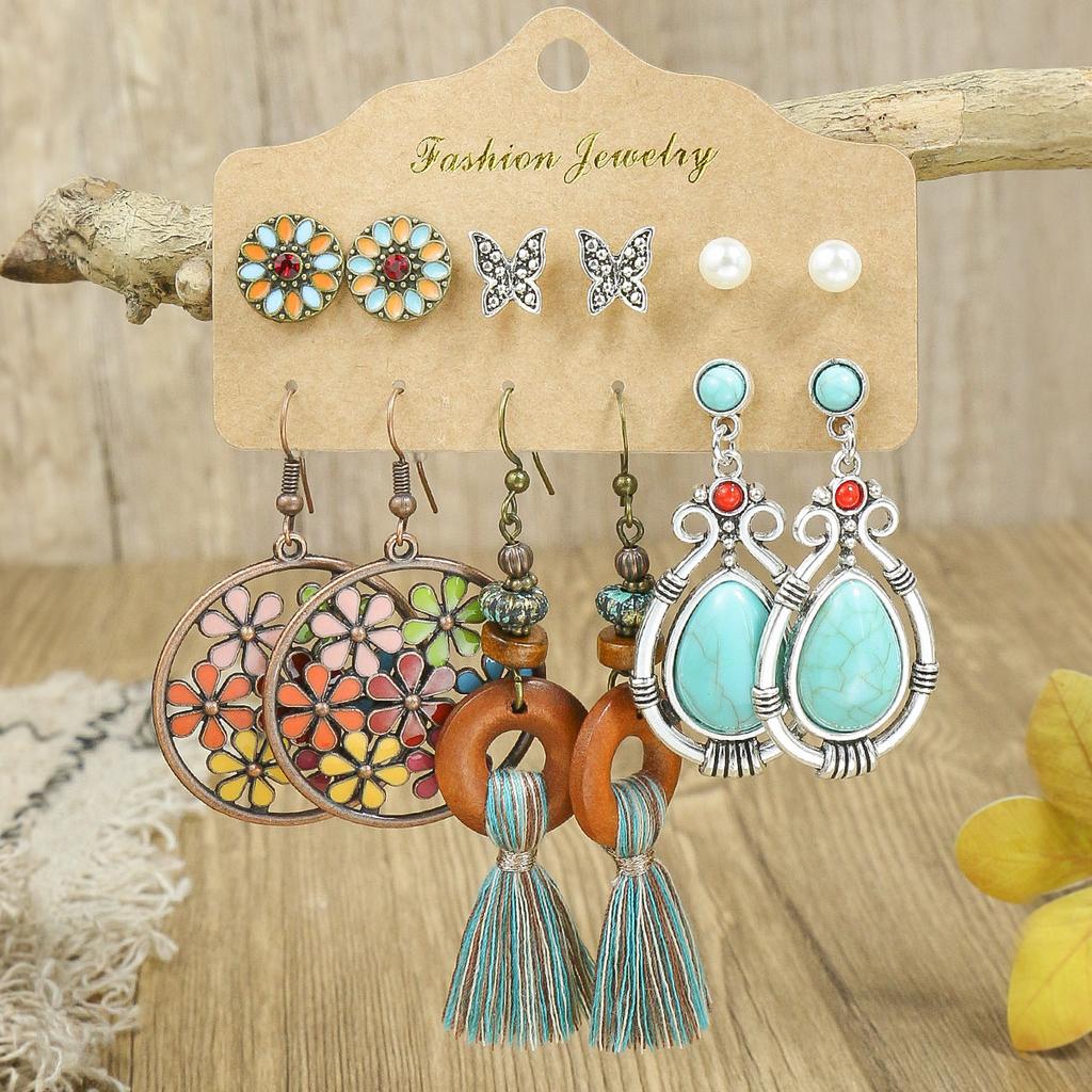 Ethnic Style Zinc Alloy Earrings With Turquoise Inlay Owl Shells Leaf Tassel Decoration Women Pendant Ear Gewelry Versatile