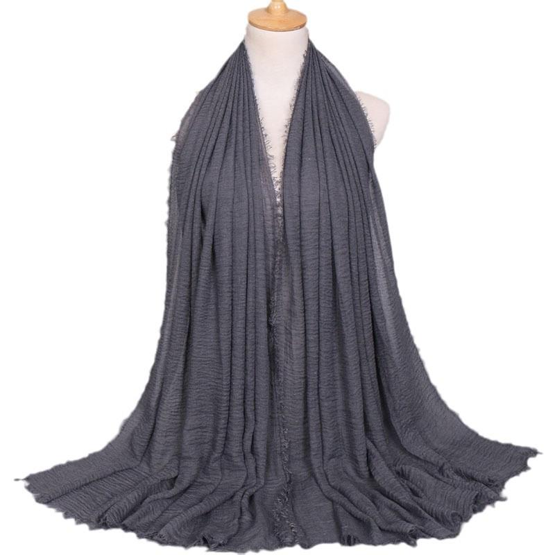 New Fashionable Women's Long Crinkled Cotton Linen Scarf with Tassel Edge - Solid Color Shawl