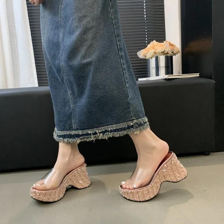 Fashion Slippers Women Summer High-Heeled Shoes Lady Slides Platform On A Wedge Pink Transparent Scandals Pumps Transparent Slippers Wom