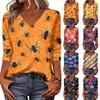 Womens Casual Halloween Print V Neck Three Quarter Sleeve Top Lightweight Stretchy Blouse for Fall Seasonal Wear