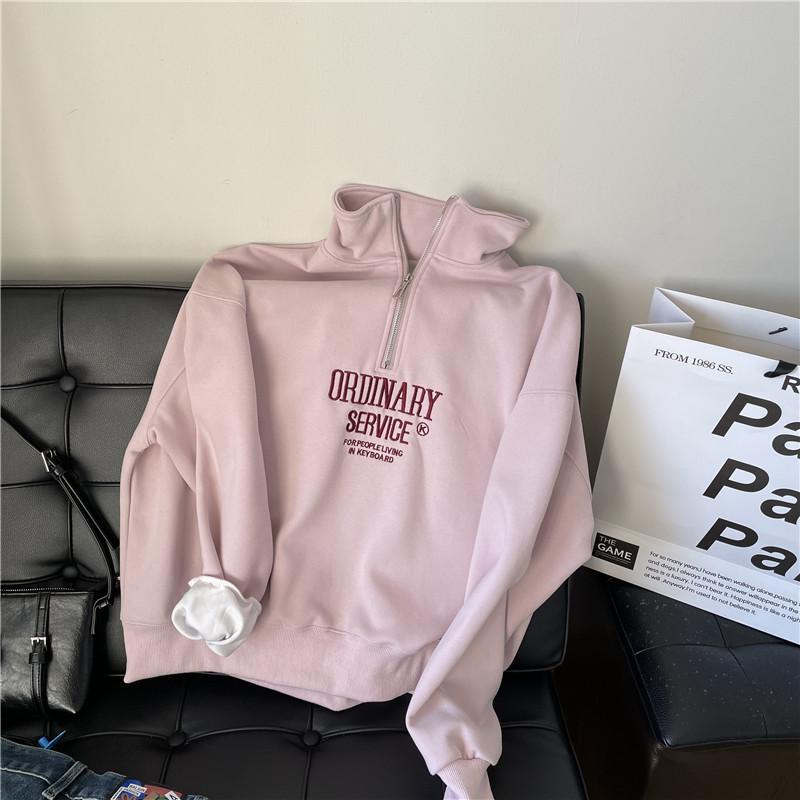 Women's Stand Collar Long Sleeve Sweatshirt Loose Fit Half Zip Pullover Letter Embroidery Casual Top