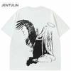 Harajuku Men Tshirt Streetwear Japanese Anime Tops Angel Wings Graphic Clothing 2024 Summer Black TShirt Cartoon Tee Cotton Y2K