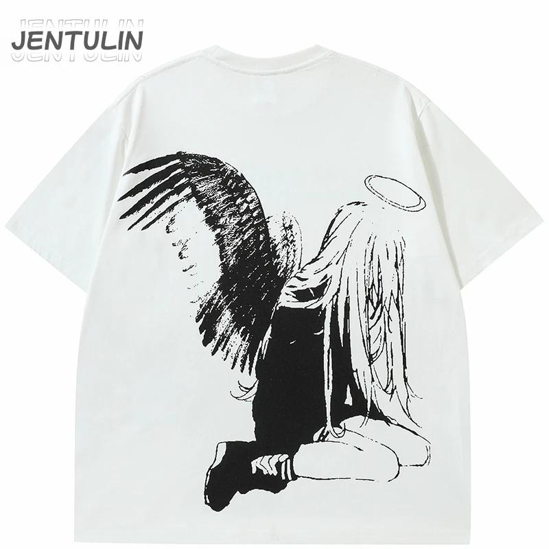 Harajuku Men Tshirt Streetwear Japanese Anime Tops Angel Wings Graphic Clothing 2024 Summer Black TShirt Cartoon Tee Cotton Y2K