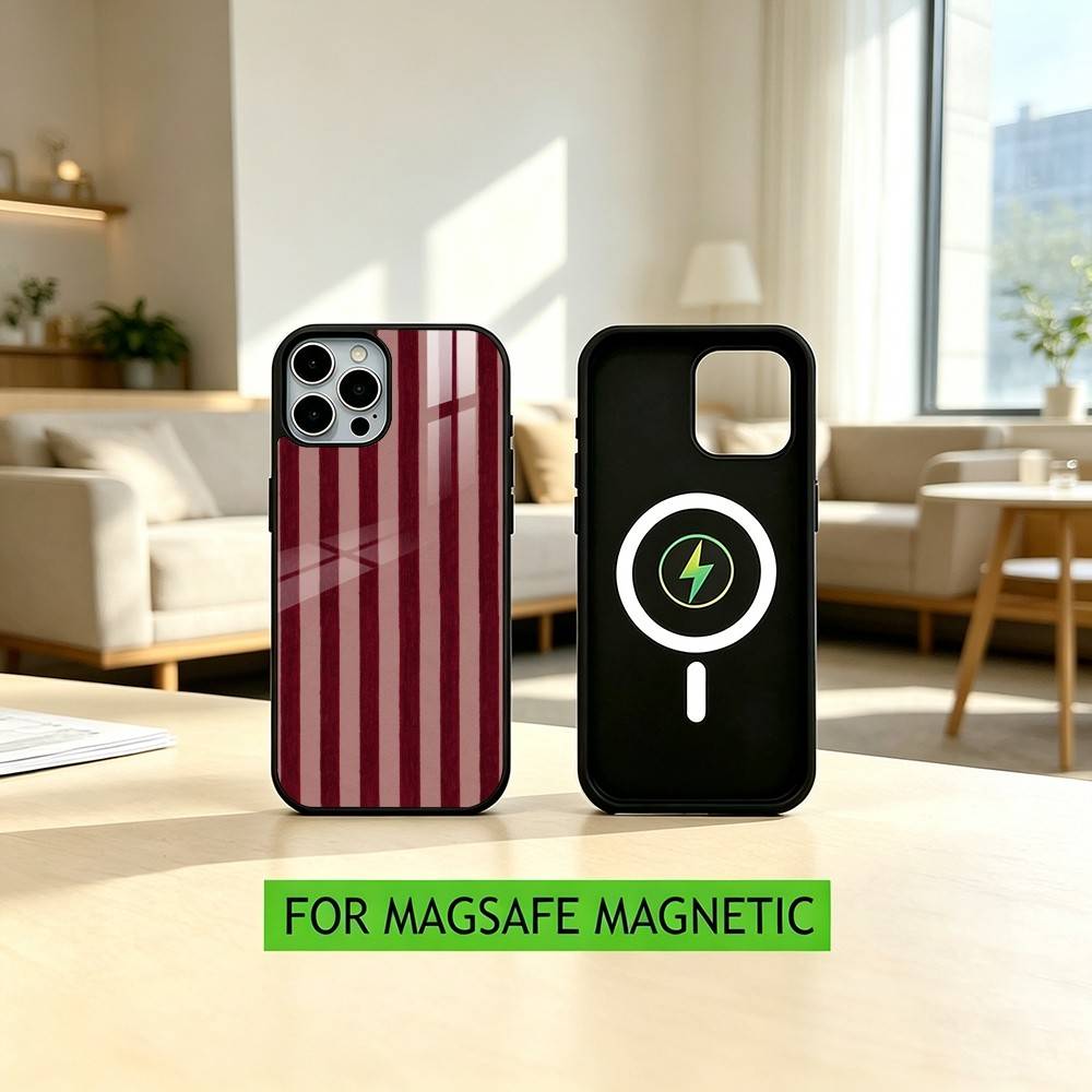 Burgundy White Stripe Pattern  Phone Case For iPhone17,16,15,14,13,12,11 Plus,Pro Magnetic with Magsafe Wireless Charging