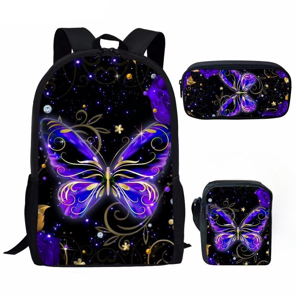 Girlsiii Shoes Unisex Kids Butterfly Pattern Series Student Children's Schoolbag Nylon School Backpack Three-Piece Set