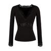Lace Splice V-Neck Slim Fit Waist-Cinching Cotton Top for Women - Ideal for Autumn/Winter