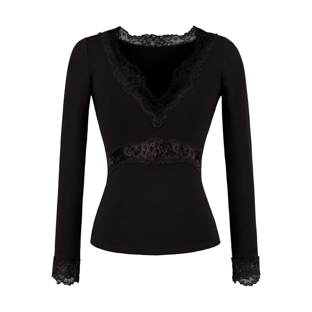 Lace Splice V-Neck Slim Fit Waist-Cinching Cotton Top for Women - Ideal for Autumn/Winter