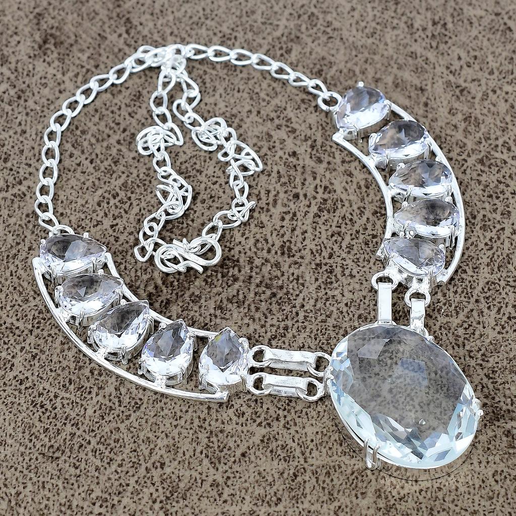White Topaz Gemstone Handmade 925 Sterling Silver Jewelry Necklace 18" KKG-436