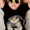 A Cute And Fun Black, White, And Pink Short-Sleeve 2D Cat T-Shirt for Girls, Perfect for Outdoor Daily Wear for Children -8 During The Summer