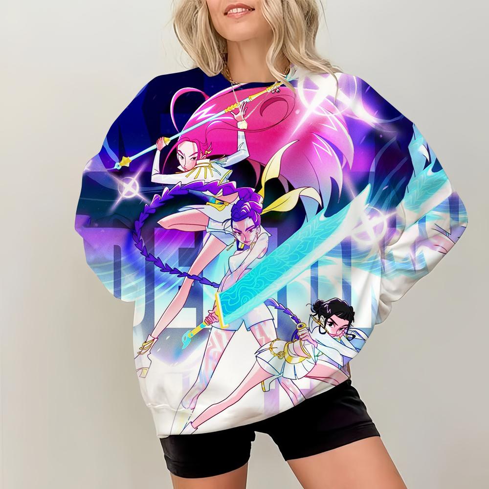 Simple Womens Pullovers KPop Demon Hunters Print Loose Sweatshirts Soft Female Clothing