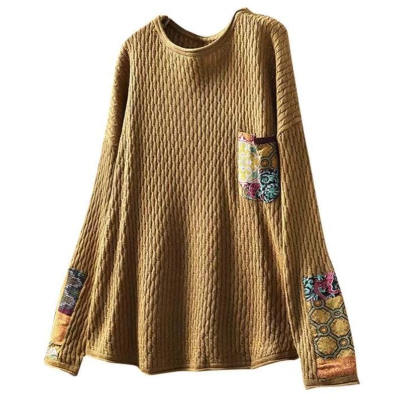 Johnature Vintage Style Patches O-Neck Casual Loose Personality Sweater Woman Winter Long Sleeves Retro Sweater