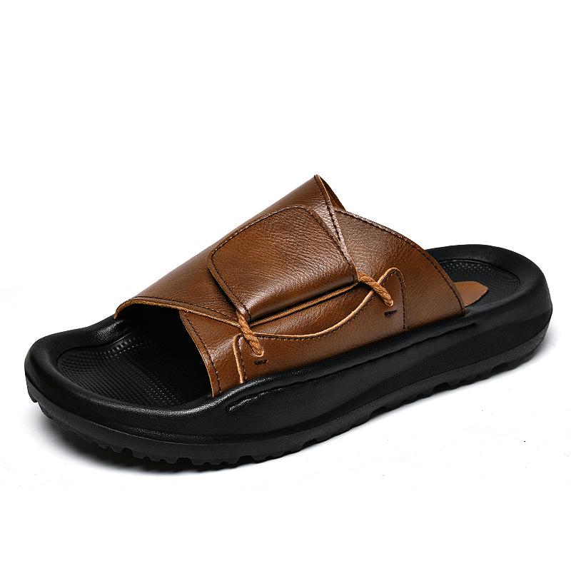 Men s Summer Non-Slip Genuine Leather Flip-Flops for Outdoor and Beach Wear 42