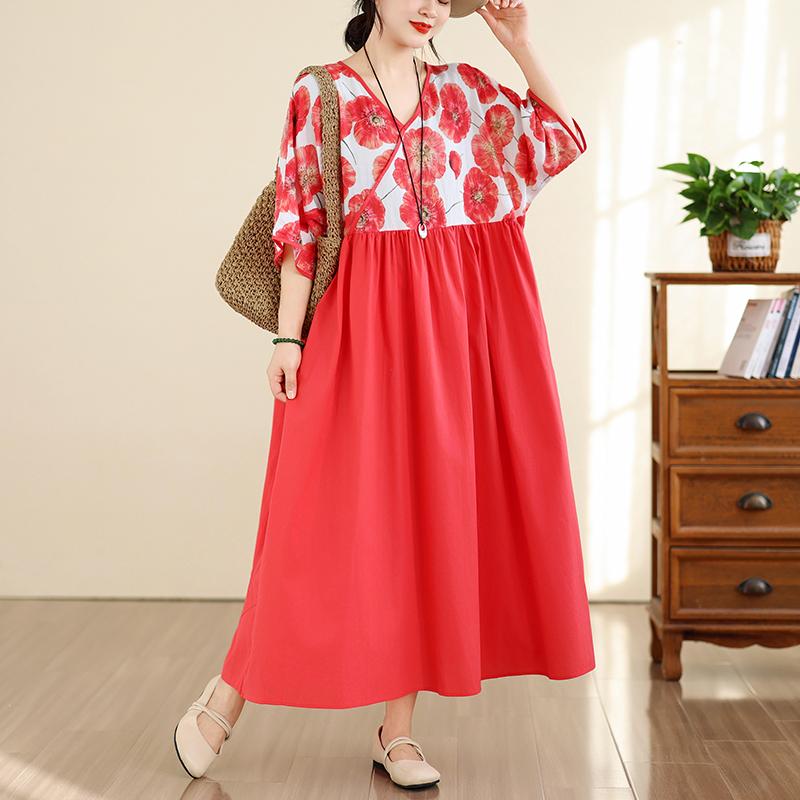 DIMANAF New 2026 Women Plus Size Summer Casual Floral Long Dress Cotton Loose Oversize Maxi Beach Sundress Elegant Vintage Lady Print