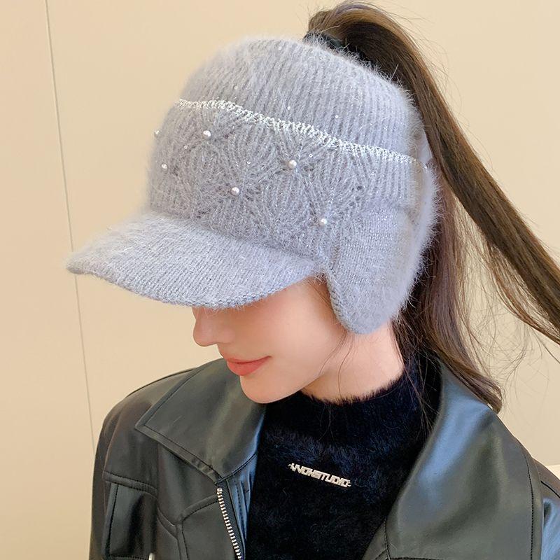 Casquette Bec de Canard pour Femmes Version Coréenne Hiver Casquette de Baseball à Calotte Ouverte pour Chaleur et Protection des Oreilles