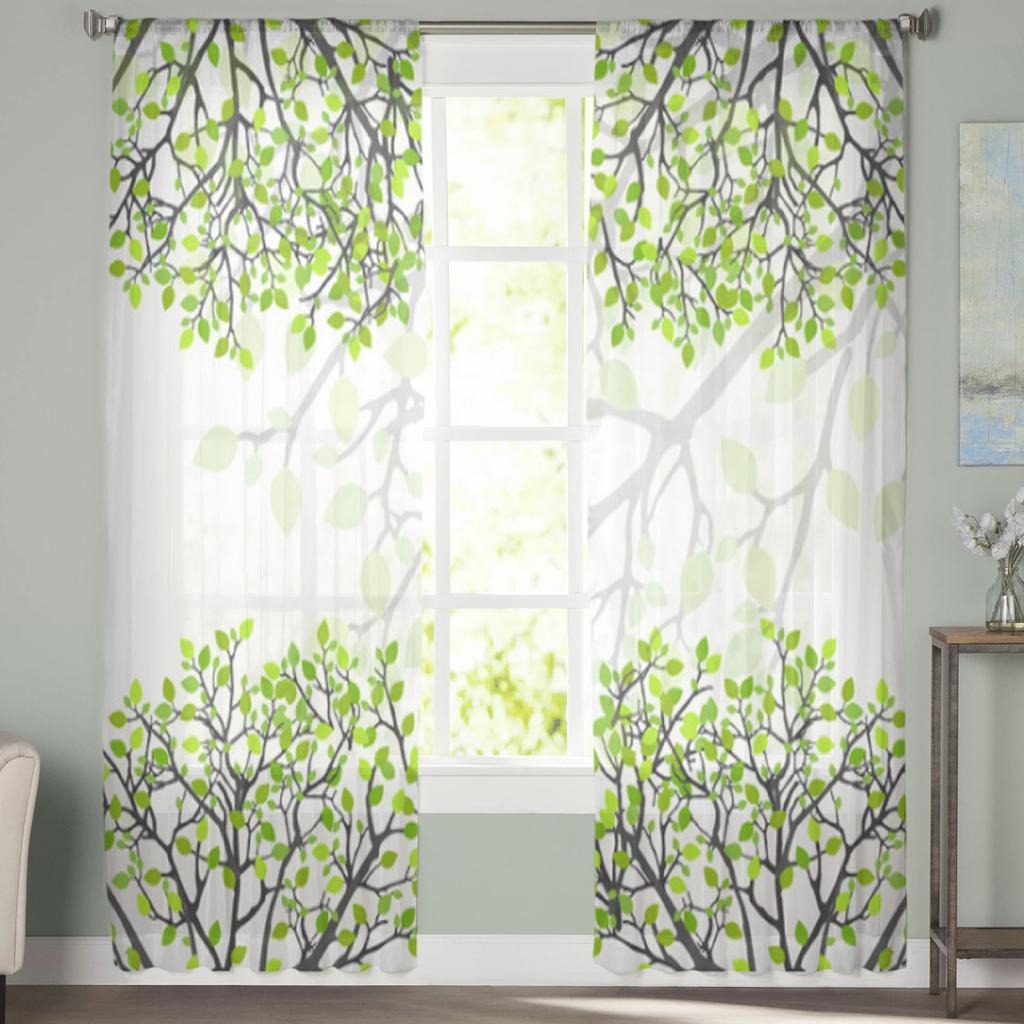 Produktbild von Moderne Tüll-Fenstervorhänge Mit Blättern Für Wohnzimmer, Schlafzimmer, Durchscheinende Voile-Organza-Vorhänge, Blindvorhänge Für Küchentüren, Grün, B250 X L270 Cm, 1 Stück, 4. Pull Plated Tape