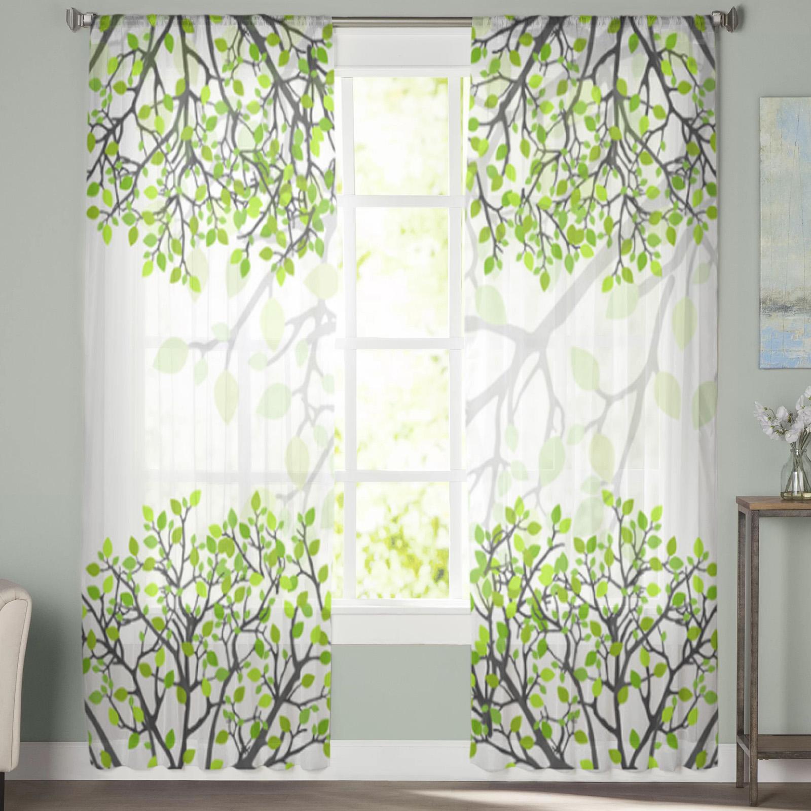 Абстрактные зеленые прозрачные шторы с рисунком природы для гостиной — фото 4