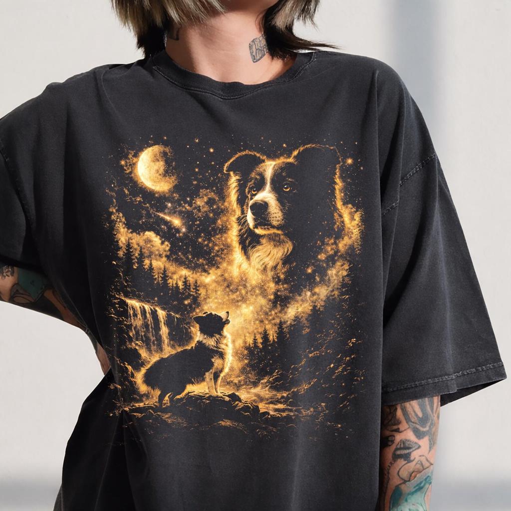 Comfort Colors Border Collie Howling Moon Vintage Mens Kids T Shirt, 90s Retro Animal Graphic Tee