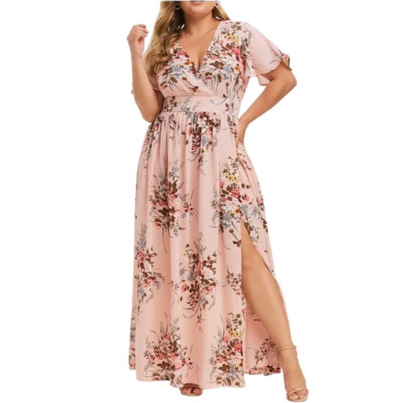 Women's Long Oversized Printed Floor-length Dress with A Slit At The Hem