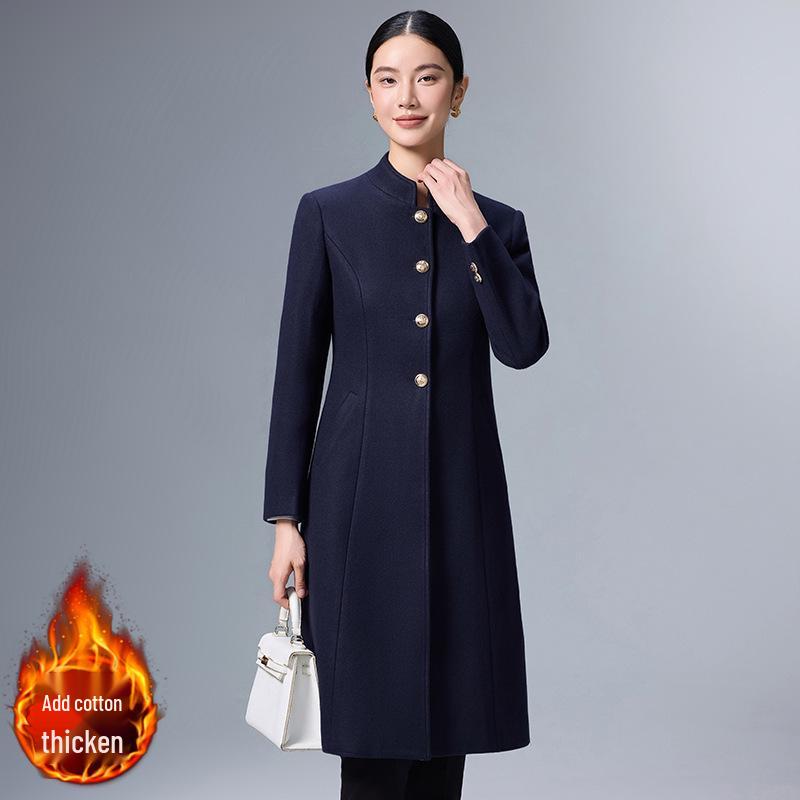 Women's Mid-Length Professional Stand-Collar Wool Coat - Winter Receptionist and Sales Workwear.