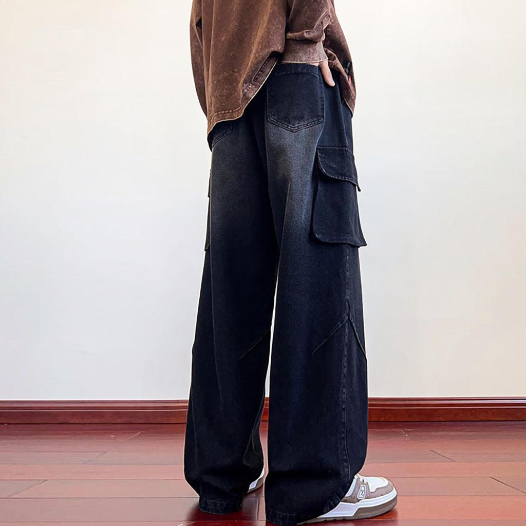 Kayiyasu Cargo Plus Loose Wide Straight Baggy Winter Size Men's Jeans, Size, Fit, Leg, Fit, Pants, Casual, Stylish, Spring, Summer, Autumn, (Black, L)