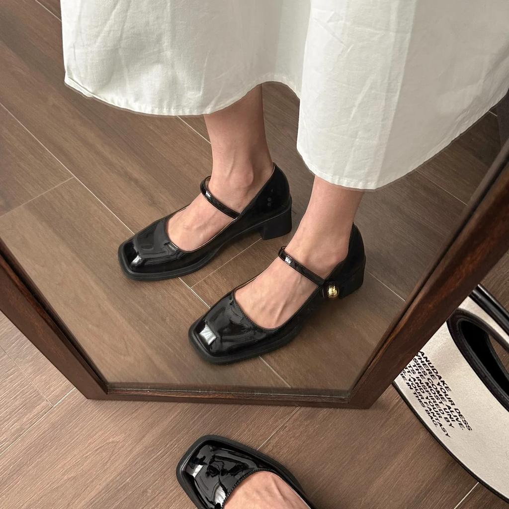 Fashion 2025 Line with High Heels Thick with Mary Jane Single Shoes 2025 New Square Head Large Size Women French Red Shoes