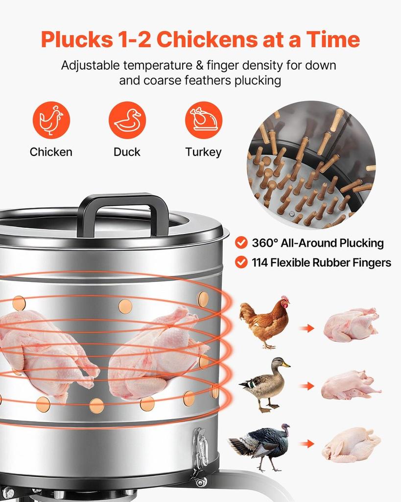 Chicken Plucker Machine, 400mm Drum, 500W & 230RPM Electric Chicken Plucking Machine with 114 Soft Fingers & Transport Wheels, Stainless Steel Feather