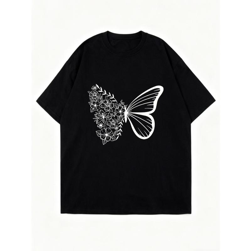Černé nadměrné tričko s květinovým potiskem motýlů pro běžné nošení