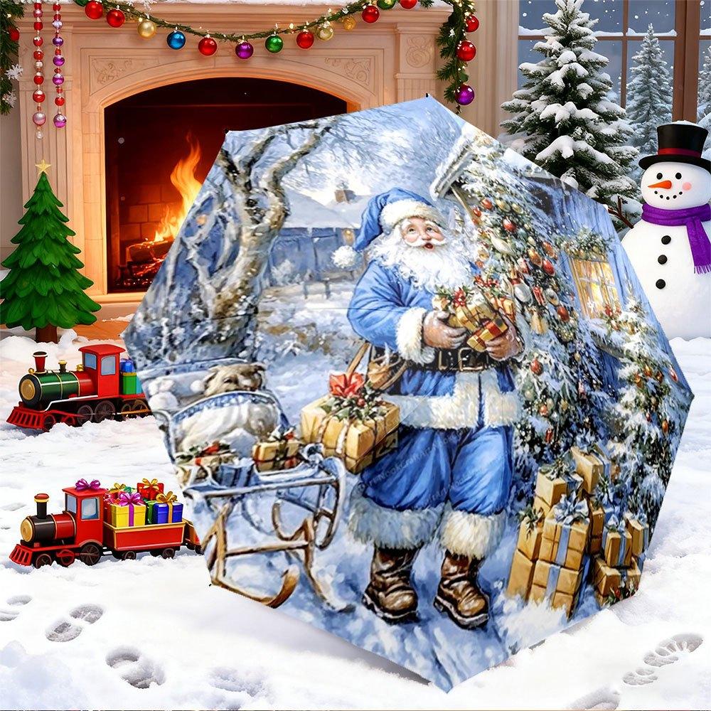 

Portable Folding Umbrella | Snowy Scene with Santa Claus, Decorated Tree, Sleigh with Gifts | Fits Travel, Backpack, Holiday C (as the picture,Iron&8K)