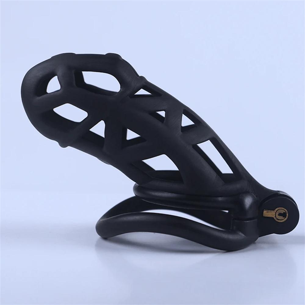 Chastity Men's Lock Chaste Vessel Černá Světlý PVC kroužek na penis Stahovací kroužek Multi Size Cage SM Sex Toys BDSM