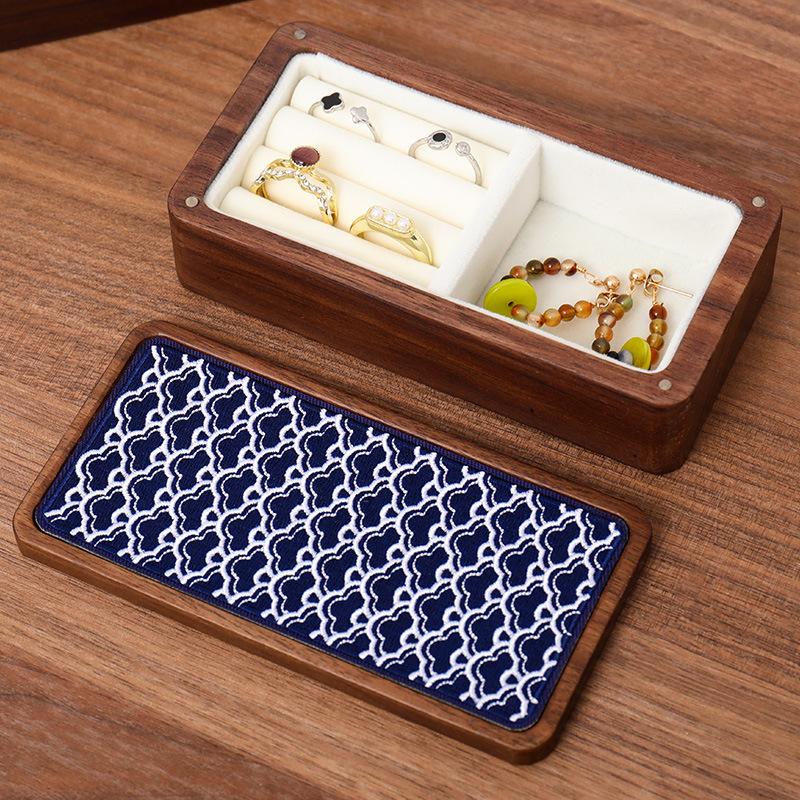 HeMu Magnetic Closure Embroidered Wooden Jewelry Box, Portable Mini Organizer for Rings, Earrings, Necklaces and Bracelets