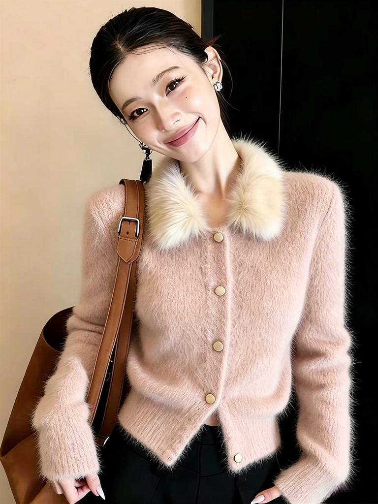 2026 Winter Faux Fur Collar Sweater Knit Cardigan Women's French Style Short Jackets Elegant Fashion Slim Fit Sweaters Ladies Winter Warm Coat Top