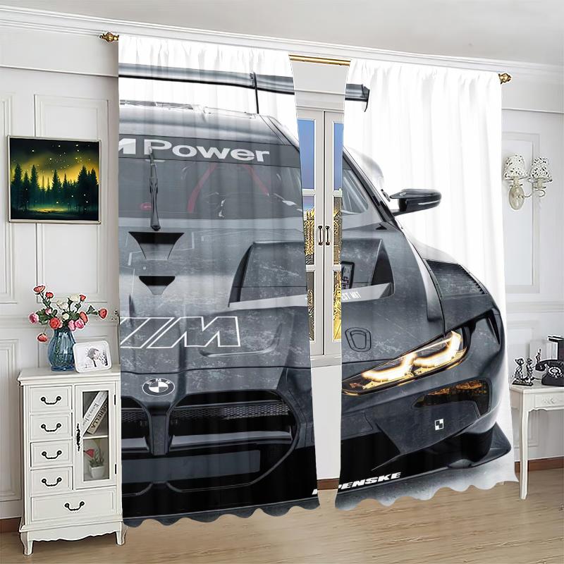 2 ks - Černé sportovní auto - Tištěný závěs, Polyesterový poloprůhledný závěs - 100% polyesterový materiál, bytová dekorace