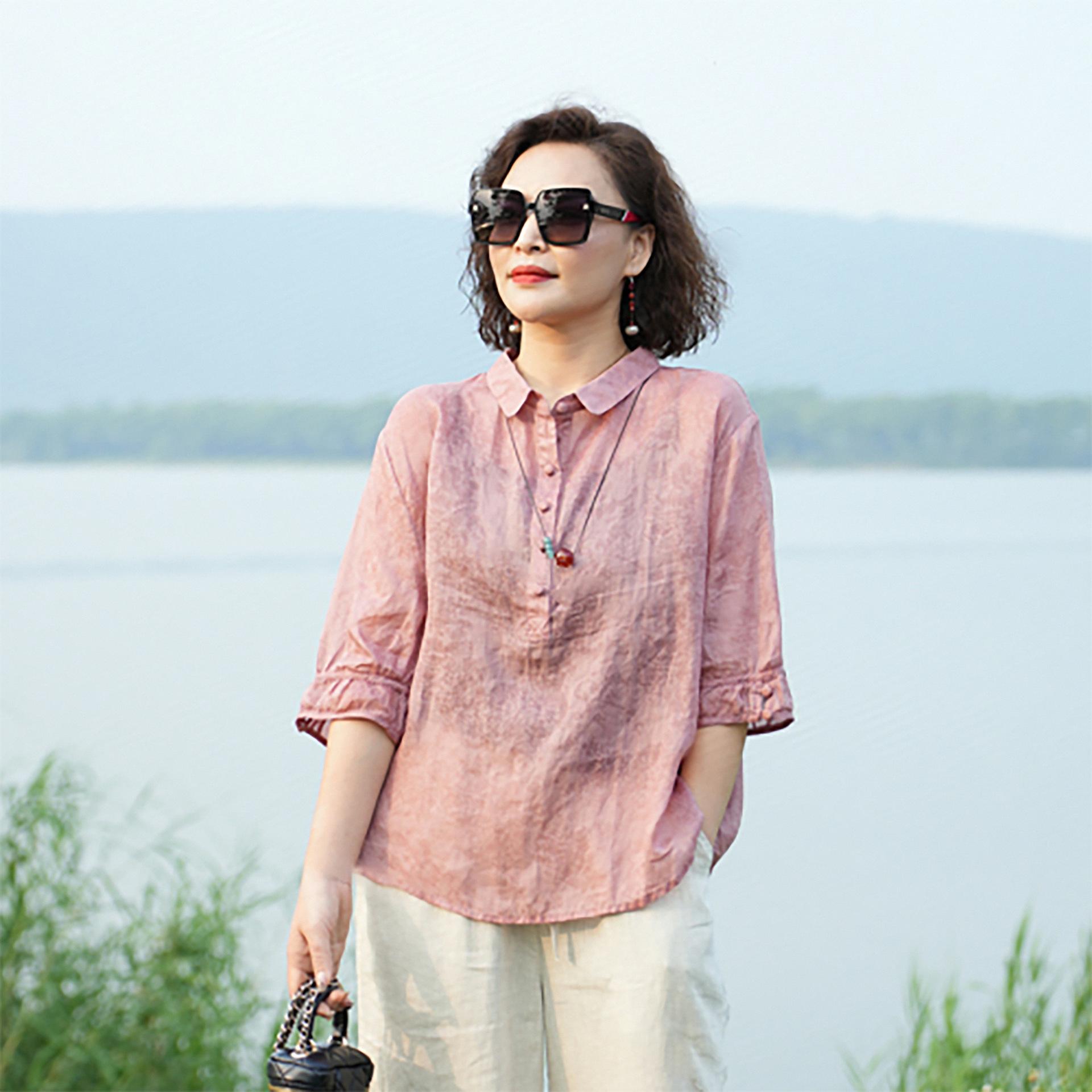 

Элегантная женская блузка в стиле ретро с жаккардовым узором – приталенный топ со средним рукавом и отложным воротником XL розовый