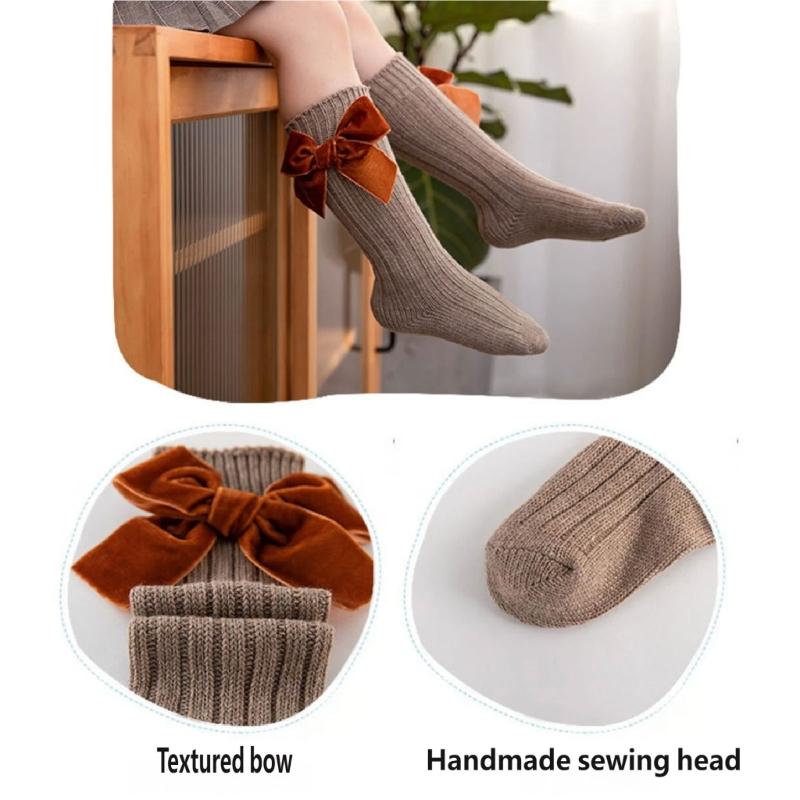 1 Paar Süße Baumwoll-Wadenlange Socken Mit Schleifenmuster-Design Für Kleine Mädchen Alltagsparty
