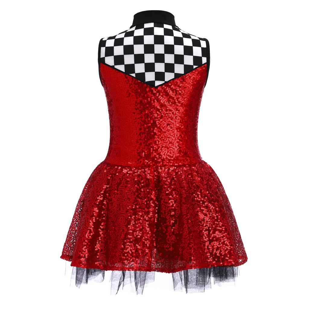 Sleeveless Race Car Costume Dress for Girls: Sparkly Sequin Top with Checkerboard Pattern & Easy Zip Front with Attached Shorts