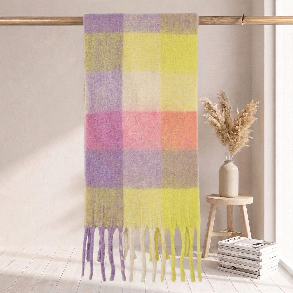 Women's High-Grade Colorful Plaid Mohair Scarf - Thick, Warm, and Versatile for Winter