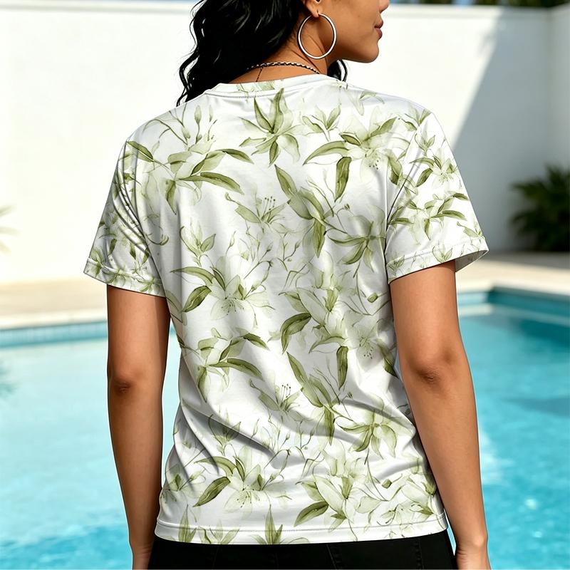 Women's Basic Short Sleeve Top Fresh Floral Print, Relaxed Casual Style, Comfortable Fabric, Ideal for Daily Wear & Coffee Shop Outings