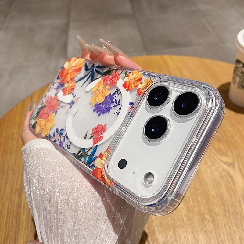 for IPhone 17 Air 16 15 14 13 12 Pro Max Clear Hard Acrylic Cover Luxury Glitter Flower for Magsafe Wireless Charge Magnet Case