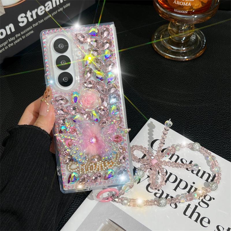 

Luxury Glitter Candy Phone Case for Samsung Galaxy Z Fold with Cute Butterfly Pearl Diamond Crystal Wrist Strap Crystal Cover Galaxy Z Fold4 рожевий