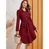 Spring and Autumn New Western Style Fashion Commuter Ol Single-Breasted Lace-up Waist Hugging Mid-Length Solid Long sleeve dress Women