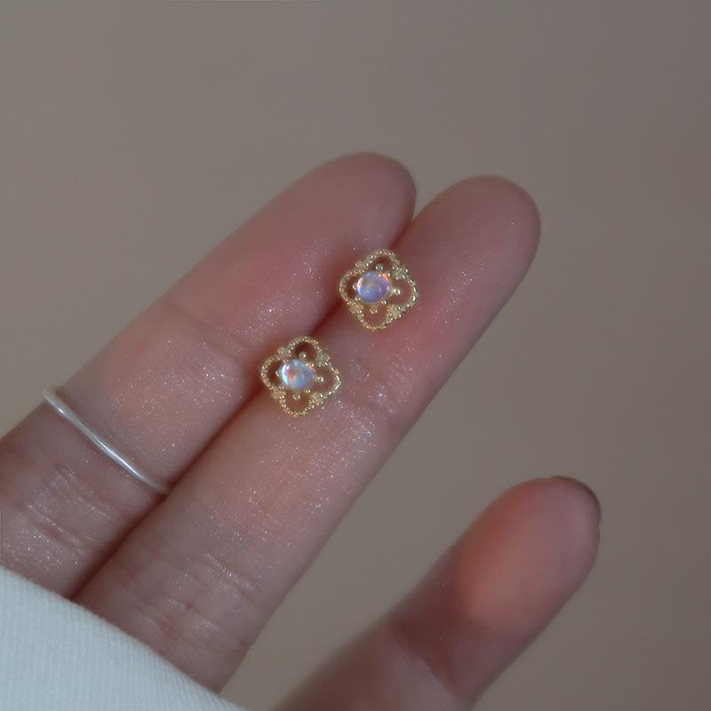Mini Hollow Moonstone Flower Stud Earrings Simple Unique Floral Earrings for Women