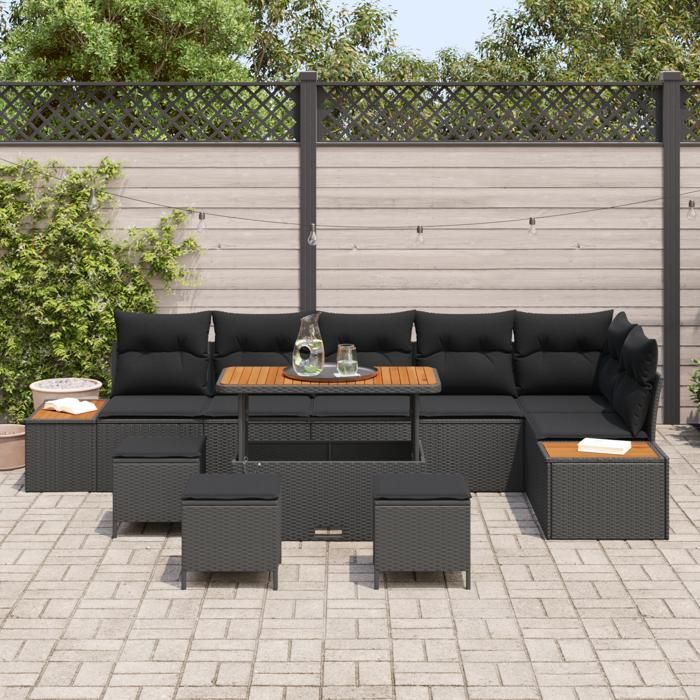 Ensemble de canapés de jardin de 10 pièces avec coussins noirs en rotin synthétique acacia 3362939