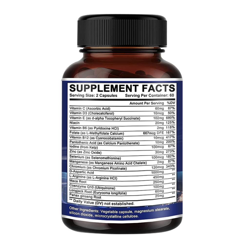 Multivitamins Dietary Supplement, With D-Aspartic Acid, Maca Root, 120 Capsules Per Bottle