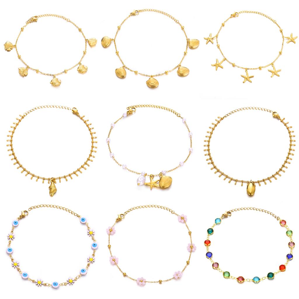 20+5cm Anklets for Women Stainless Steel Shell Starfish Imitation Pearl Leg Bracelets Gold Color Beach Summer Bodychain Jewelry
