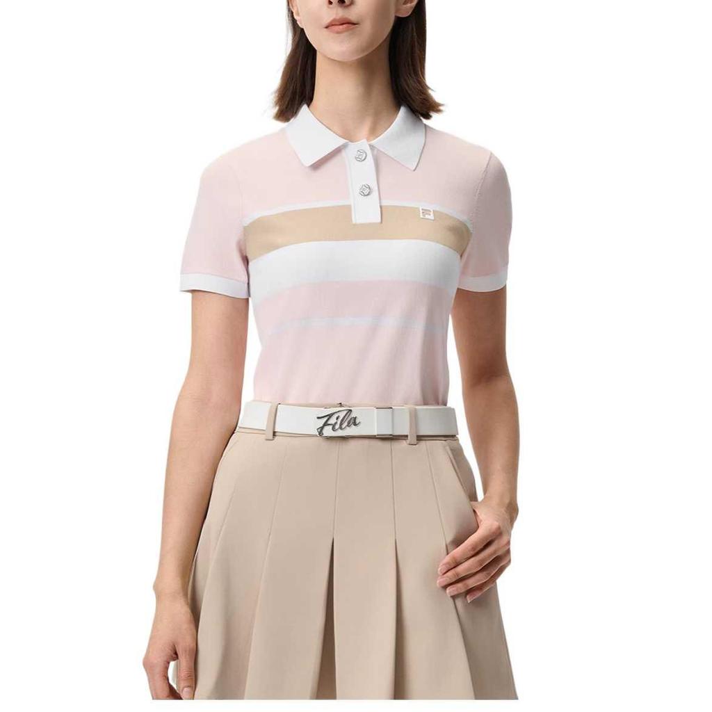 Fila Golf Series Striped Comfortable Fashionable Easy Soft Short Sleeve Polo Shirt Women Tops Pink A11W525404F