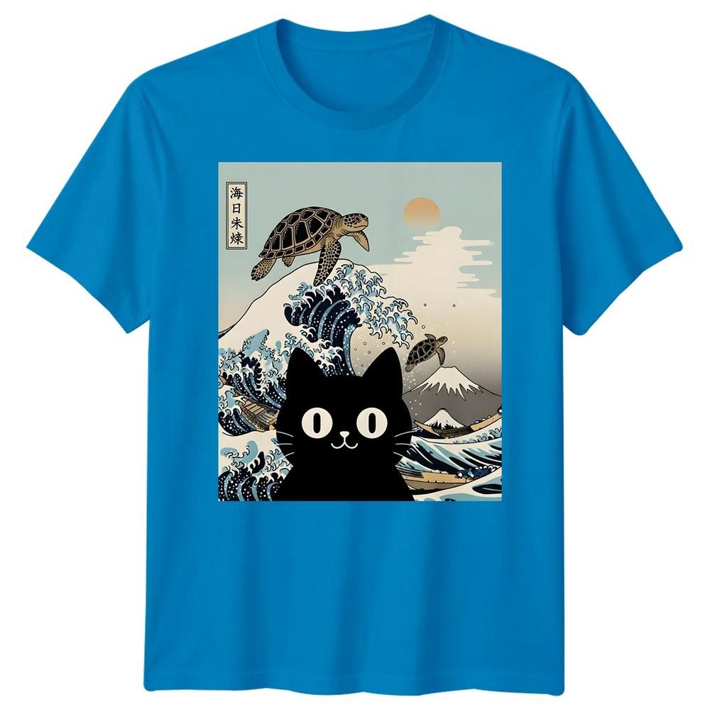 Black Cat Sea Turtle Kai Nichi Bei Yaki Japanese Art Ukiyoe Style Graphic Tee